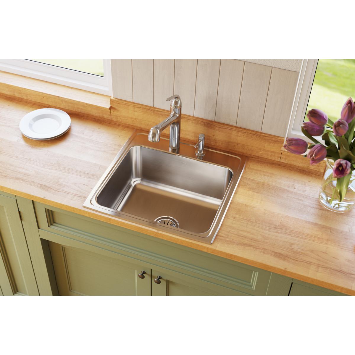 Elkay Lustertone Classic 22" Drop In/Topmount Stainless Steel Kitchen Sink, Lustrous Satin, 4 Faucet Holes, DLR2222104