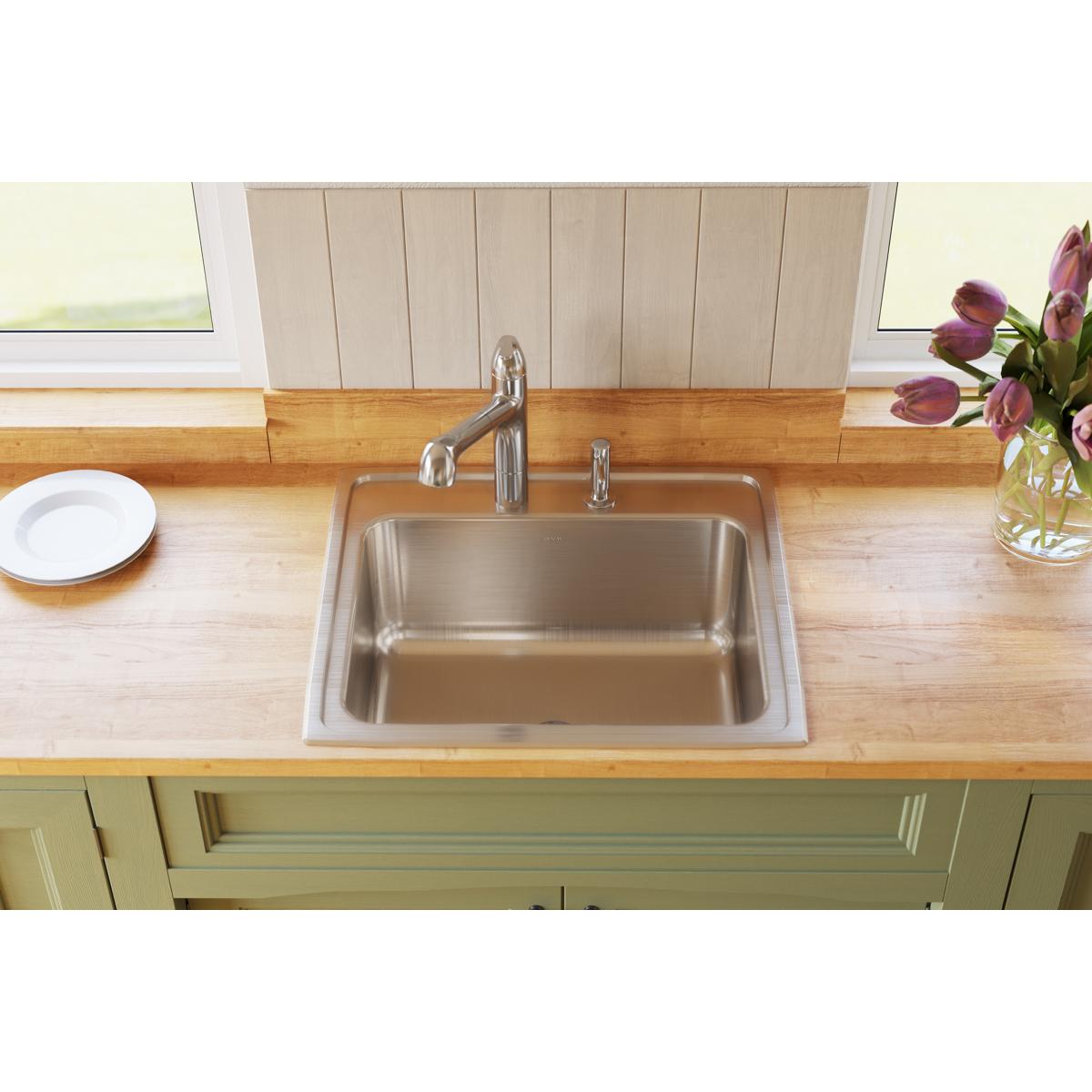 Elkay Lustertone Classic 25" Drop In/Topmount Stainless Steel Kitchen Sink, Lustrous Satin, 2 Faucet Holes, DLR252210PD2