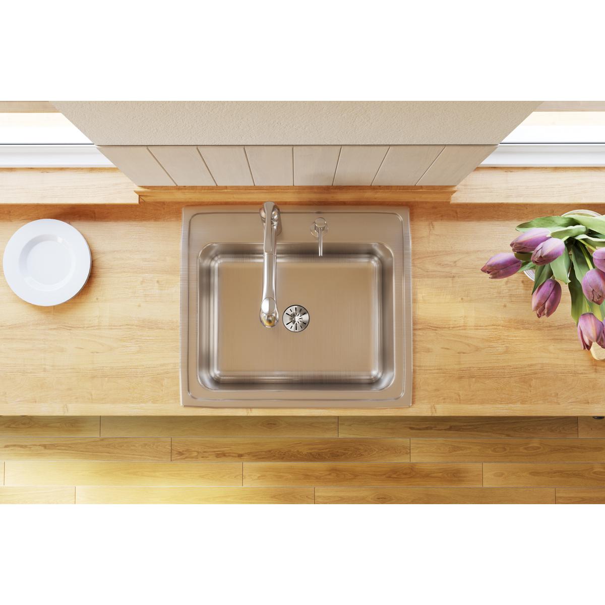 Elkay Lustertone Classic 25" Drop In/Topmount Stainless Steel Kitchen Sink, Lustrous Satin, 2 Faucet Holes, DLR252210PD2
