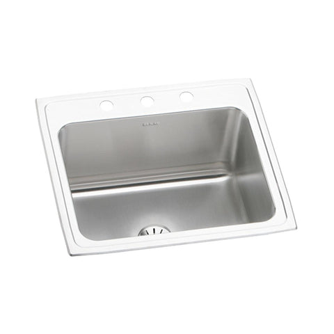 Elkay Lustertone Classic 25" Drop In/Topmount Stainless Steel Kitchen Sink, Lustrous Satin, 3 Faucet Holes, DLR252210PD3