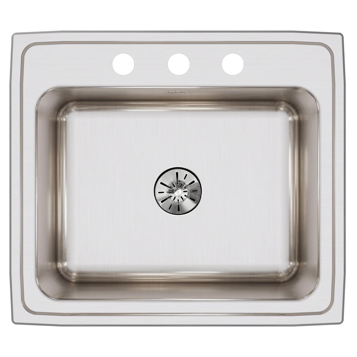 Elkay Lustertone Classic 25" Drop In/Topmount Stainless Steel Kitchen Sink, Lustrous Satin, 3 Faucet Holes, DLR252210PD3