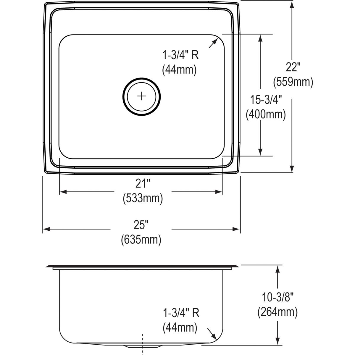 Elkay Lustertone Classic 25" Drop In/Topmount Stainless Steel Kitchen Sink, 2 Faucet Holes, DLRQ2522102