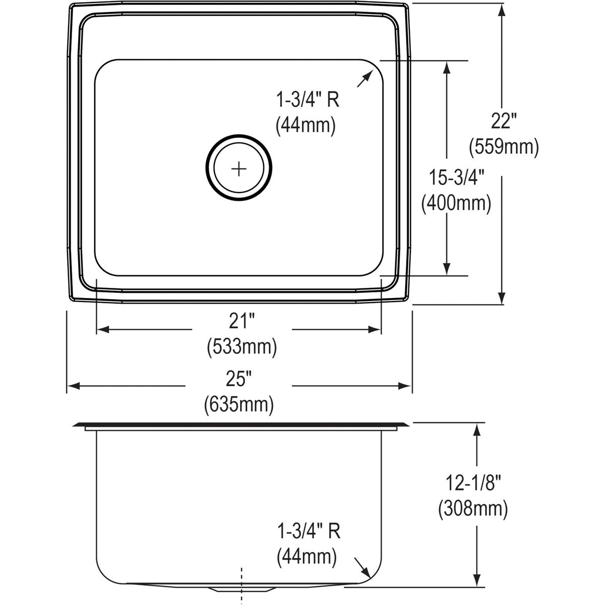 Elkay Lustertone Classic 25" Drop In/Topmount Stainless Steel Kitchen Sink, 1 Faucet Hole, DLRQ2522121