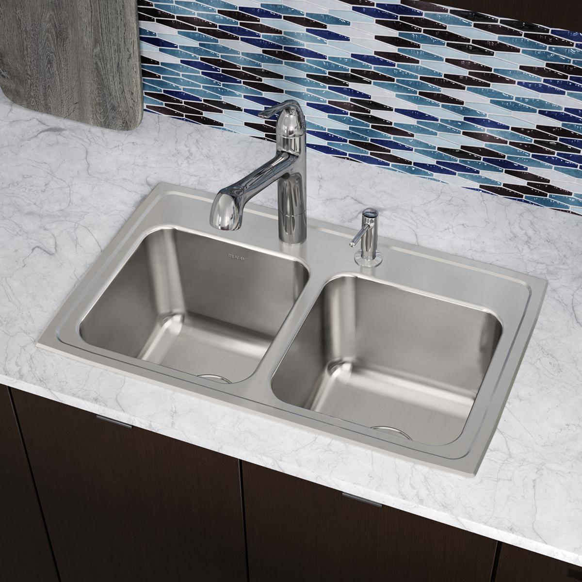 Elkay Lustertone Classic 29" Drop In/Topmount Stainless Steel Kitchen Sink, 50/50 Double Bowl, Lustrous Satin, 1 Faucet Hole, DLR2918101