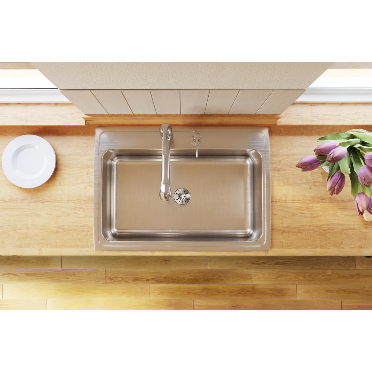 Elkay Lustertone Classic 31" Drop In/Topmount Stainless Steel Kitchen Sink, Lustrous Satin, No Faucet Hole, DLR312210PD0