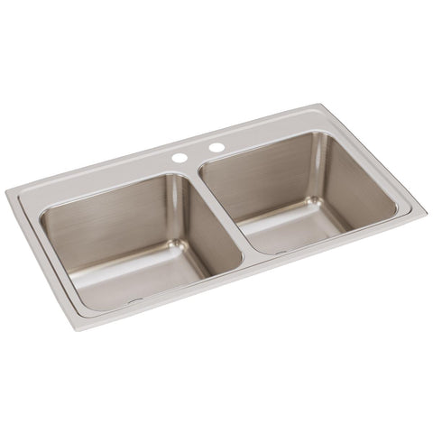 Elkay Lustertone Classic 33" Drop In/Topmount Stainless Steel Kitchen Sink, 50/50 Double Bowl, Lustrous Satin, MR2 Faucet Holes, DLR331910MR2