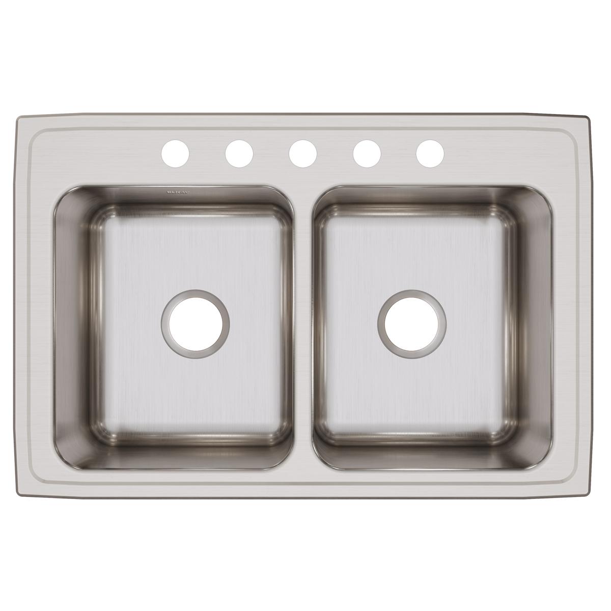 Elkay Lustertone Classic 33" Drop In/Topmount Stainless Steel Kitchen Sink, 50/50 Double Bowl, Lustrous Satin, 5 Faucet Holes, DLR3322105