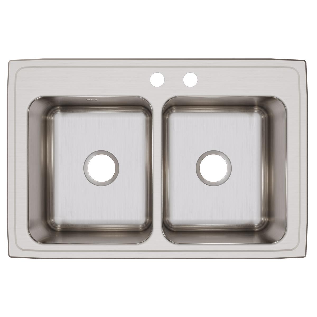 Elkay Lustertone Classic 33" Drop In/Topmount Stainless Steel Kitchen Sink, 50/50 Double Bowl, Lustrous Satin, MR2 Faucet Holes, DLR332210MR2