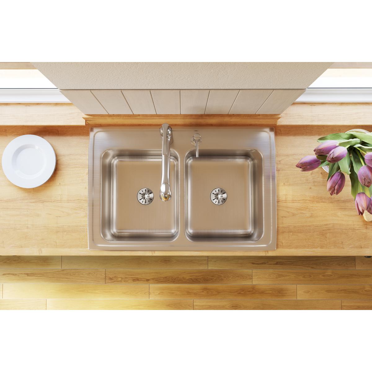 Elkay Lustertone Classic 33" Drop In/Topmount Stainless Steel Kitchen Sink, 50/50 Double Bowl, Lustrous Satin, 1 Faucet Hole, DLR332210PD1