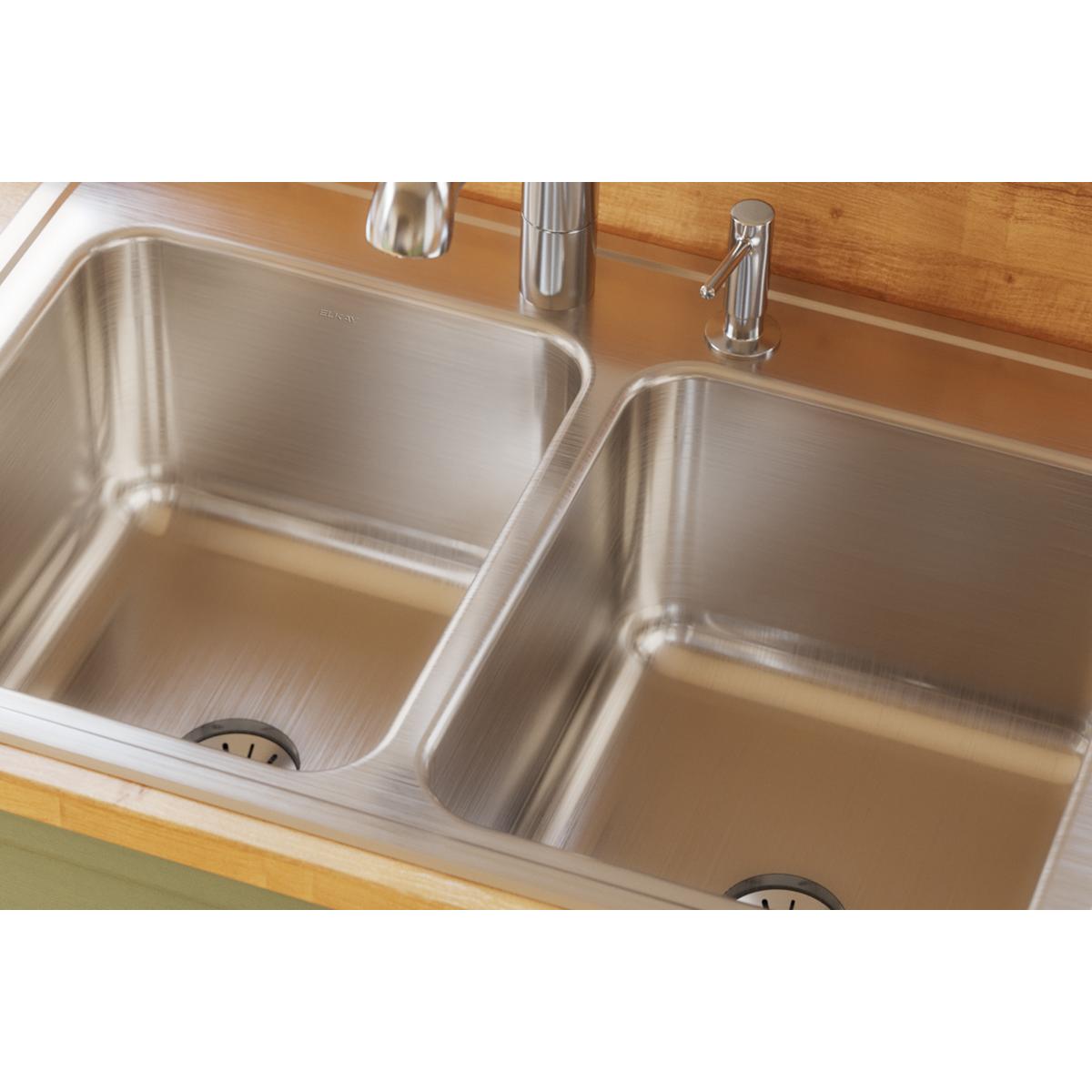 Elkay Lustertone Classic 33" Drop In/Topmount Stainless Steel Kitchen Sink, 50/50 Double Bowl, Lustrous Satin, 1 Faucet Hole, DLR332210PD1