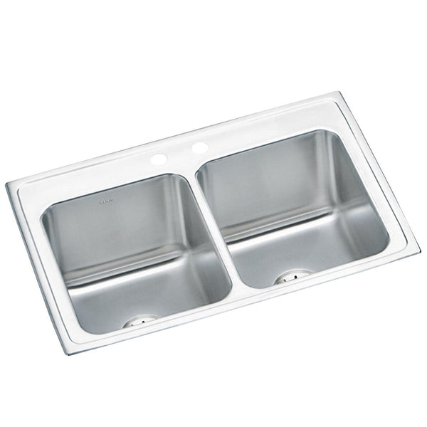 Elkay Lustertone Classic 33" Drop In/Topmount Stainless Steel Kitchen Sink, 50/50 Double Bowl, Lustrous Satin, 2 Faucet Holes, DLR332210PD2