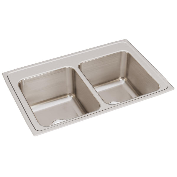 Elkay Lustertone Classic 33" Drop In/Topmount Stainless Steel Kitchen Sink, 50/50 Double Bowl, Lustrous Satin, No Faucet Hole, DLR3322120