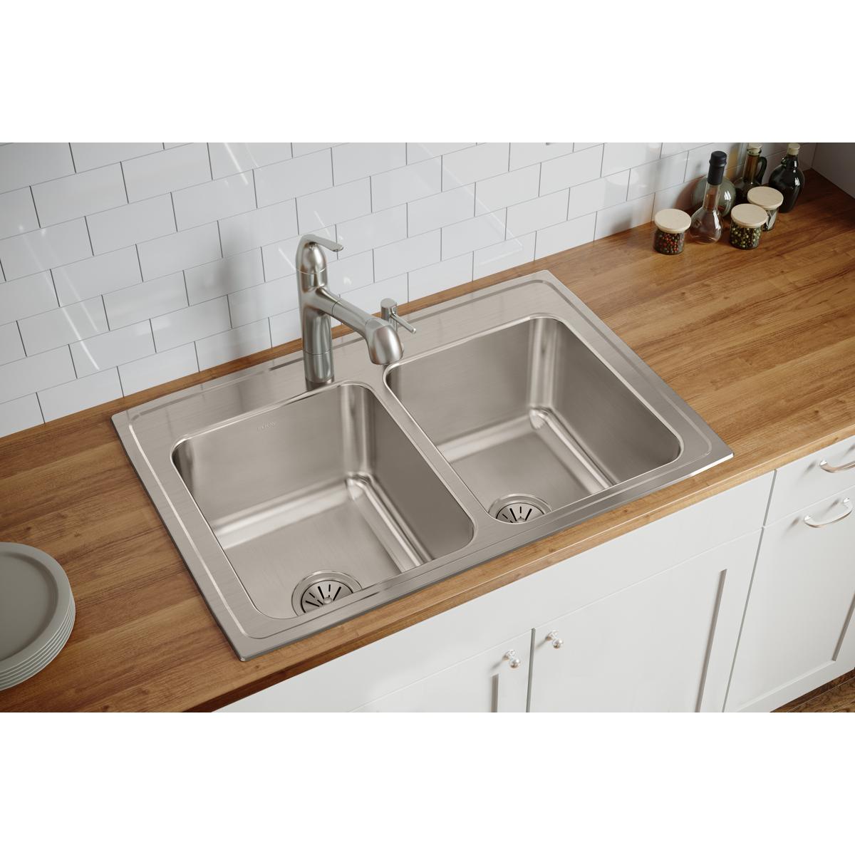 Elkay Lustertone Classic 33" Drop In/Topmount Stainless Steel Kitchen Sink, 50/50 Double Bowl, Lustrous Satin, 1 Faucet Hole, DLRQ3322121