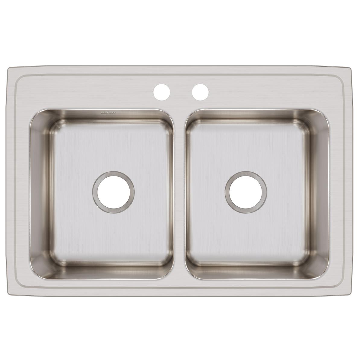Elkay Lustertone Classic 33" Drop In/Topmount Stainless Steel Kitchen Sink, 50/50 Double Bowl, Lustrous Satin, 2 Faucet Holes, DLRQ3322122