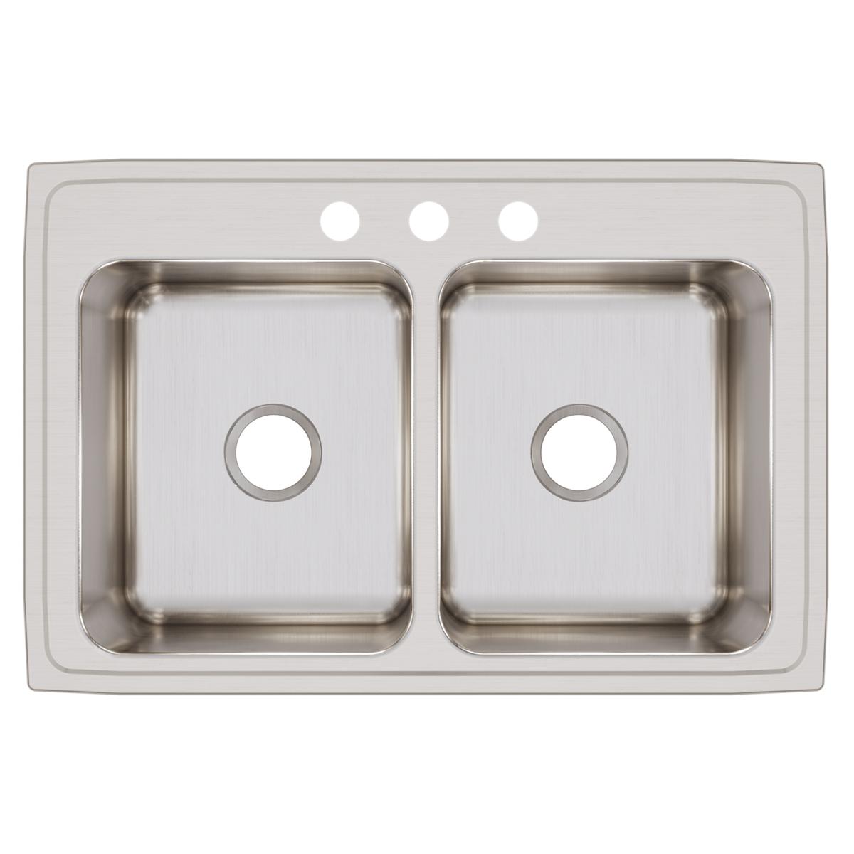 Elkay Lustertone Classic 33" Drop In/Topmount Stainless Steel Kitchen Sink, 50/50 Double Bowl, Lustrous Satin, 3 Faucet Holes, DLRQ3322123