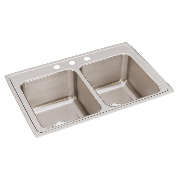 Elkay Lustertone Classic 33" Drop In/Topmount Stainless Steel Kitchen Sink, 50/50 Double Bowl, Lustrous Satin, 3 Faucet Holes, DLRQ3322123