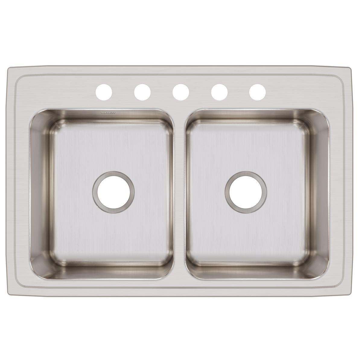 Elkay Lustertone Classic 33" Drop In/Topmount Stainless Steel Kitchen Sink, 50/50 Double Bowl, Lustrous Satin, 5 Faucet Holes, DLR3322125