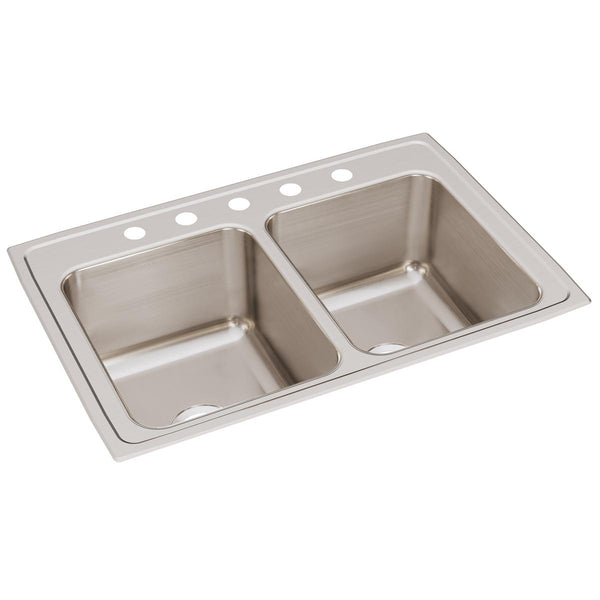 Elkay Lustertone Classic 33" Drop In/Topmount Stainless Steel Kitchen Sink, 50/50 Double Bowl, Lustrous Satin, 5 Faucet Holes, DLR3322125
