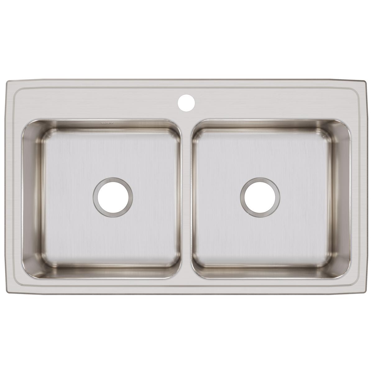Elkay Lustertone Classic 37" Drop In/Topmount Stainless Steel Kitchen Sink, 50/50 Double Bowl, Lustrous Satin, 1 Faucet Hole, DLR3722101