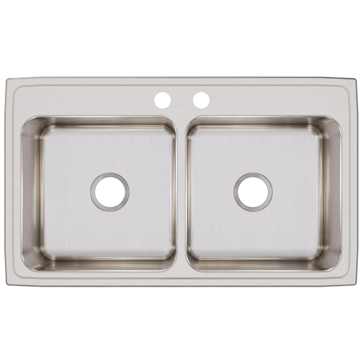 Elkay Lustertone Classic 37" Drop In/Topmount Stainless Steel Kitchen Sink, 50/50 Double Bowl, Lustrous Satin, 2 Faucet Holes, DLR3722102