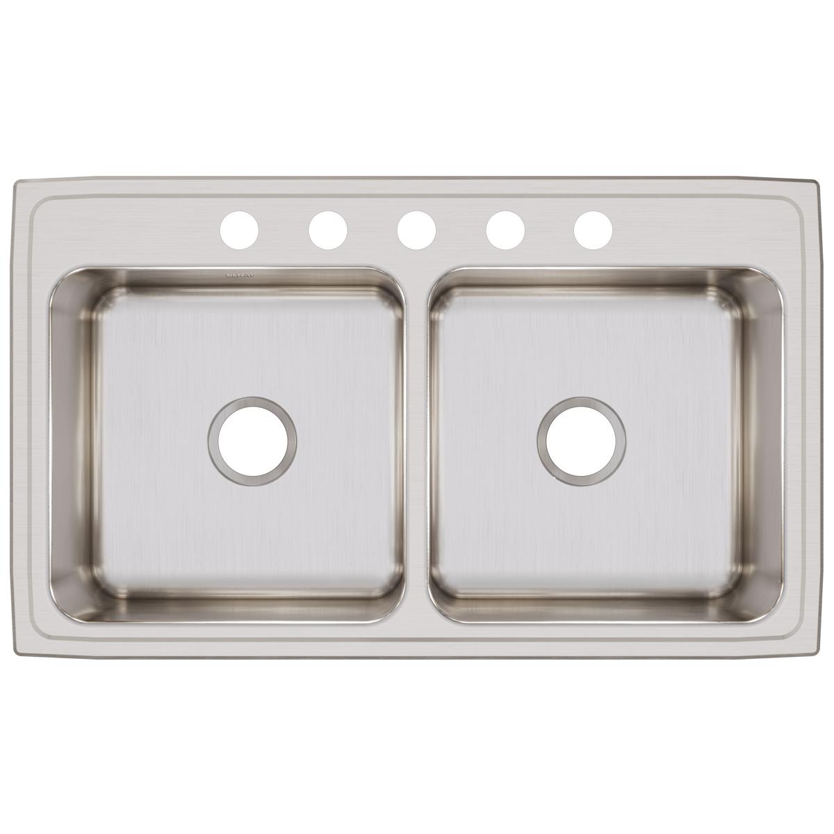 Elkay Lustertone Classic 37" Drop In/Topmount Stainless Steel Kitchen Sink, 50/50 Double Bowl, Lustrous Satin, 5 Faucet Holes, DLR3722105