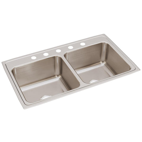 Elkay Lustertone Classic 37" Drop In/Topmount Stainless Steel Kitchen Sink, 50/50 Double Bowl, Lustrous Satin, 5 Faucet Holes, DLR3722105