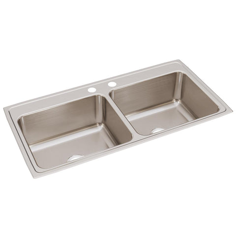 Elkay Lustertone Classic 43" Drop In/Topmount Stainless Steel Kitchen Sink, 50/50 Double Bowl, Lustrous Satin, 2 Faucet Holes, DLR4322102