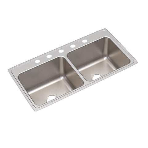 Elkay Lustertone Classic 43" Drop In/Topmount Stainless Steel Kitchen Sink, 50/50 Double Bowl, Lustrous Satin, 5 Faucet Holes, DLR4322125