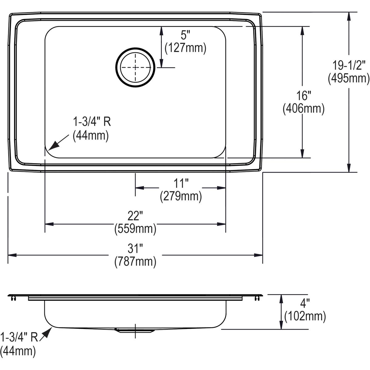 Elkay Lustertone Classic 31" Drop In/Topmount Stainless Steel ADA Classroom Sink, Lustrous Satin, No Faucet Hole, DRKAD3119400
