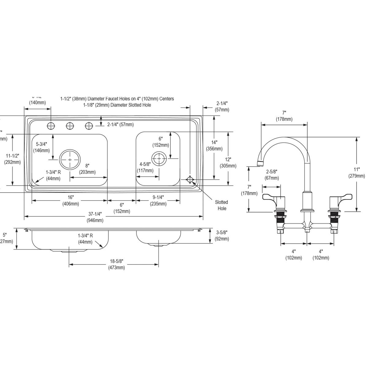 Elkay Lustertone Classic 37" Drop In/Topmount Stainless Steel ADA Classroom Sink Kit with Faucet, 60/40 Double Bowl, Lustrous Satin, 4 Faucet Holes, DRKAD371750RC