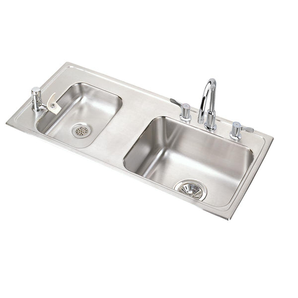 Elkay Lustertone Classic 37" Drop In/Topmount Stainless Steel ADA Classroom Sink Kit with Faucet, 40/60 Double Bowl, Lustrous Satin, 4 Faucet Holes, DRKAD371745LC