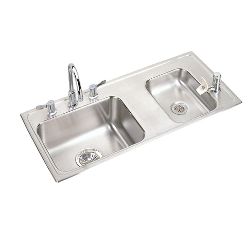 Elkay Lustertone Classic 37" Drop In/Topmount Stainless Steel ADA Classroom Sink Kit with Faucet, 60/40 Double Bowl, Lustrous Satin, 4 Faucet Holes, DRKAD371740RC