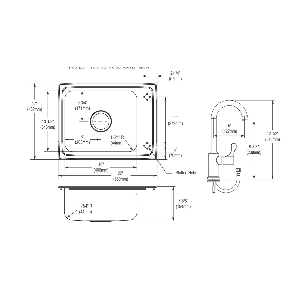 Elkay Lustertone Classic 22" Drop In/Topmount Stainless Steel Classroom Sink Kit with Faucet, Lustrous Satin, 2 Faucet Holes, DRKR2217RC