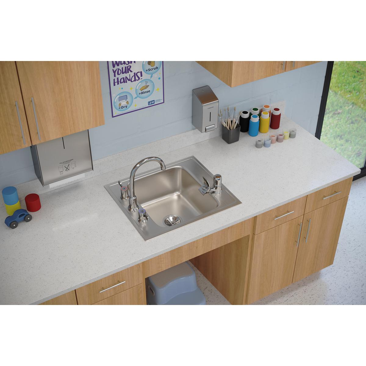 Elkay Lustertone Classic 22" Drop In/Topmount Stainless Steel Classroom Sink, Lustrous Satin, 4 Faucet Holes, DRKR22204