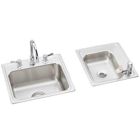 Elkay Lustertone Classic 34" Drop In/Topmount Stainless Steel Classroom Sink Kit with Faucet, 60/40 Double Bowl, Lustrous Satin, 4 Faucet Holes, DRKR23417RC
