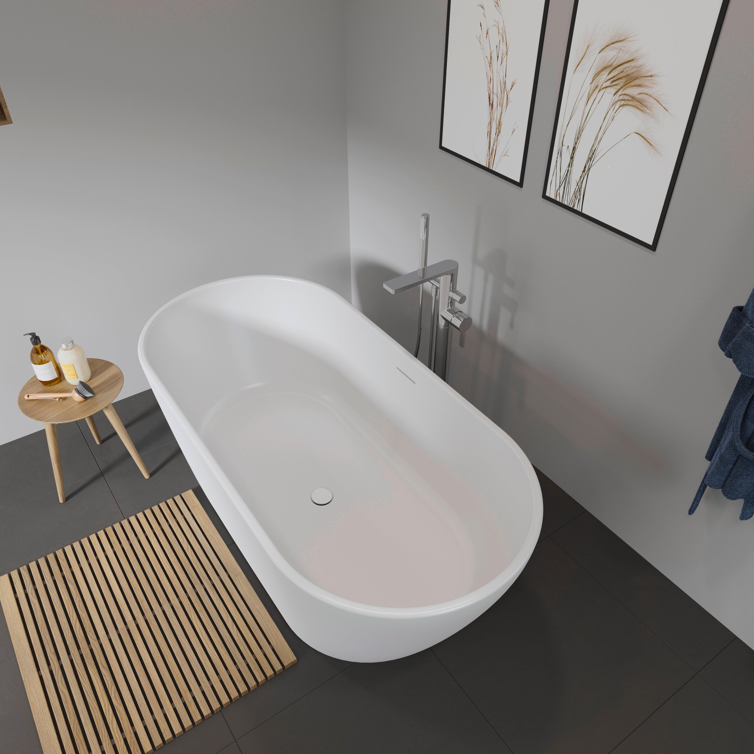 D-Neo 63" x 29 1/2" Oval Freestanding Bathtub in White Solid Surface with Center Drain, Drain Included