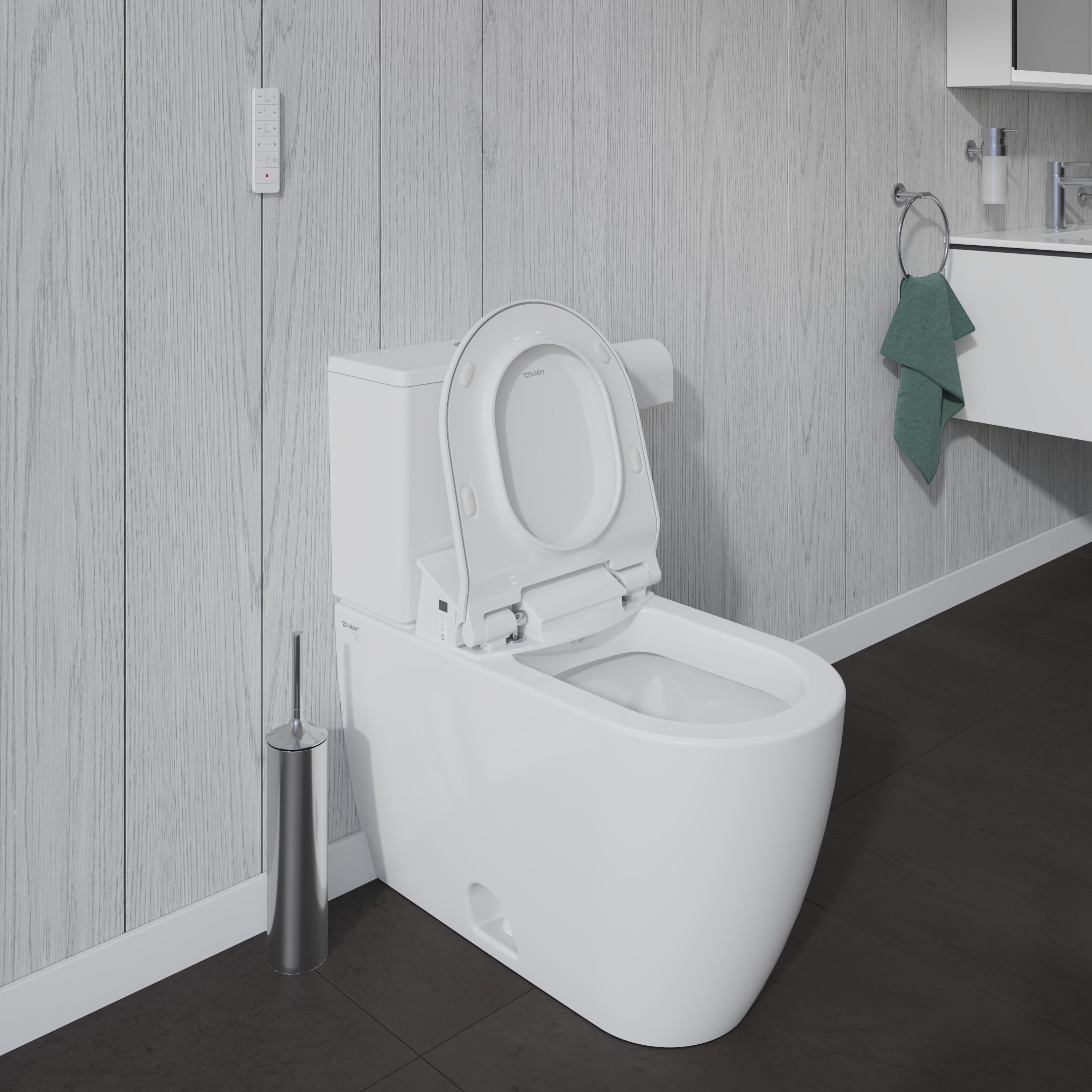 ME by Starck 1.28 GPF Single Flush Elongated Two Piece Toilet in White, Top Push Button Flush - Seat Included