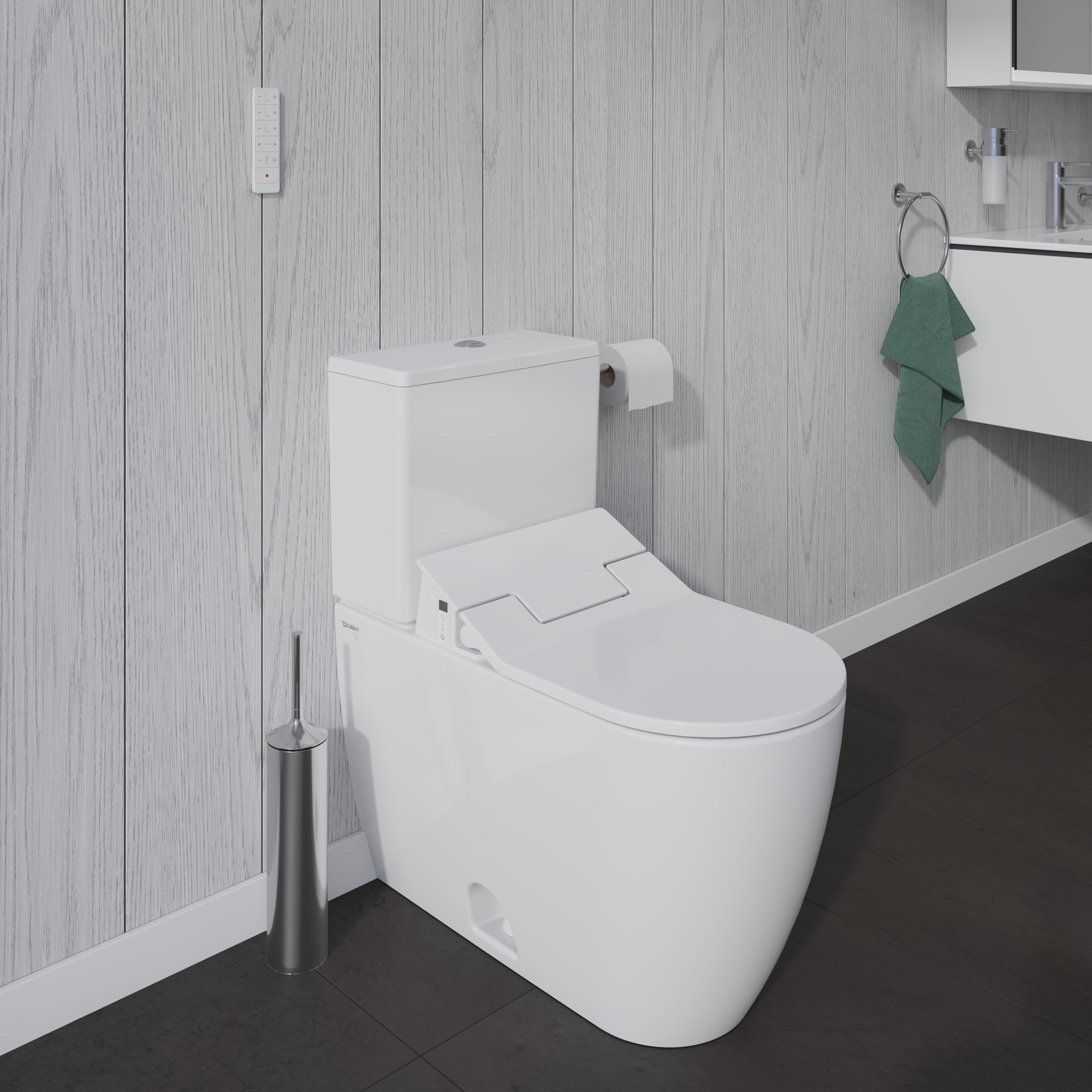 ME by Starck 1.28 GPF Single Flush Elongated Two Piece Toilet in White, Top Push Button Flush - Seat Included