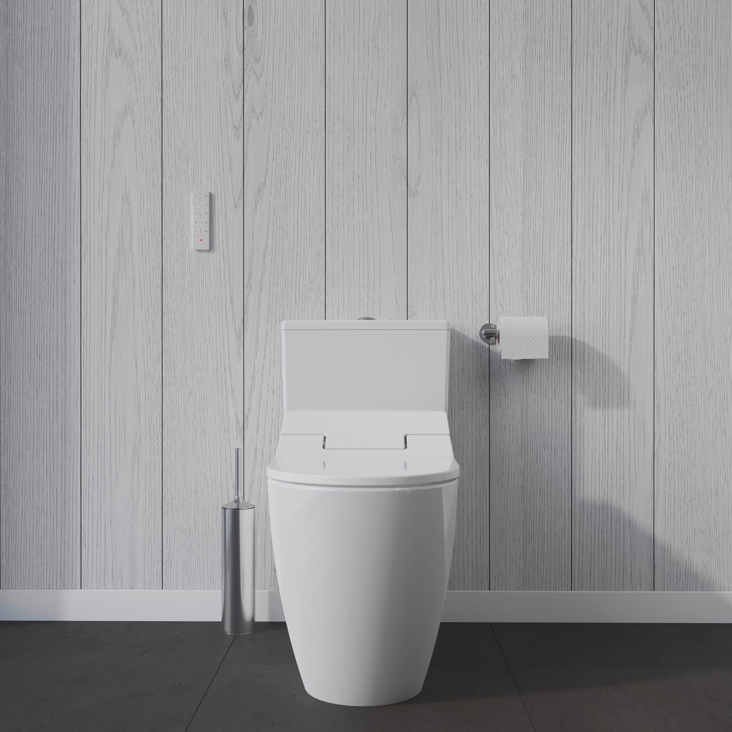 ME by Starck 1.28 GPF Single Flush Rimless Elongated One Piece Toilet in White, Top Push Button Flush - Seat Included