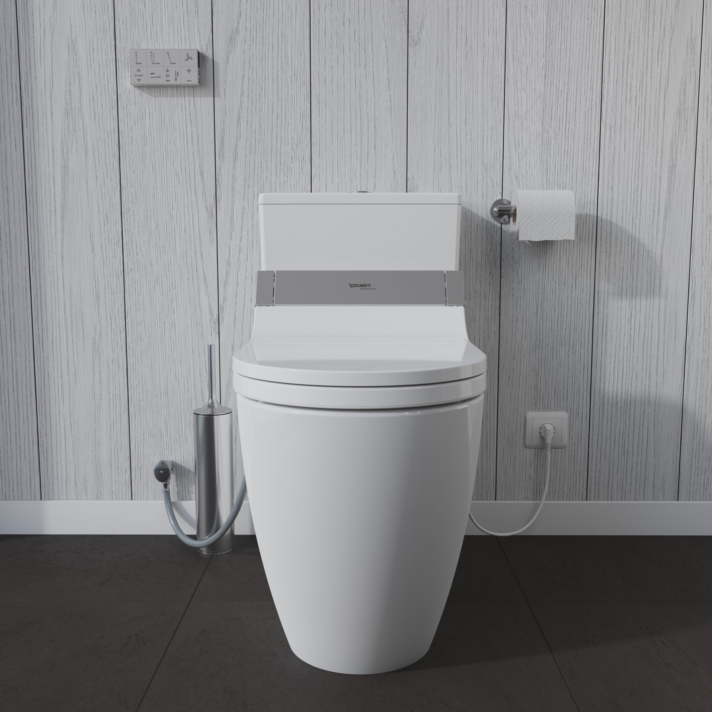 ME by Starck 1.32/0.92 GPF Dual Flush Rimless Elongated One Piece Toilet in White, Top Push Button Flush - Seat Sold Separately