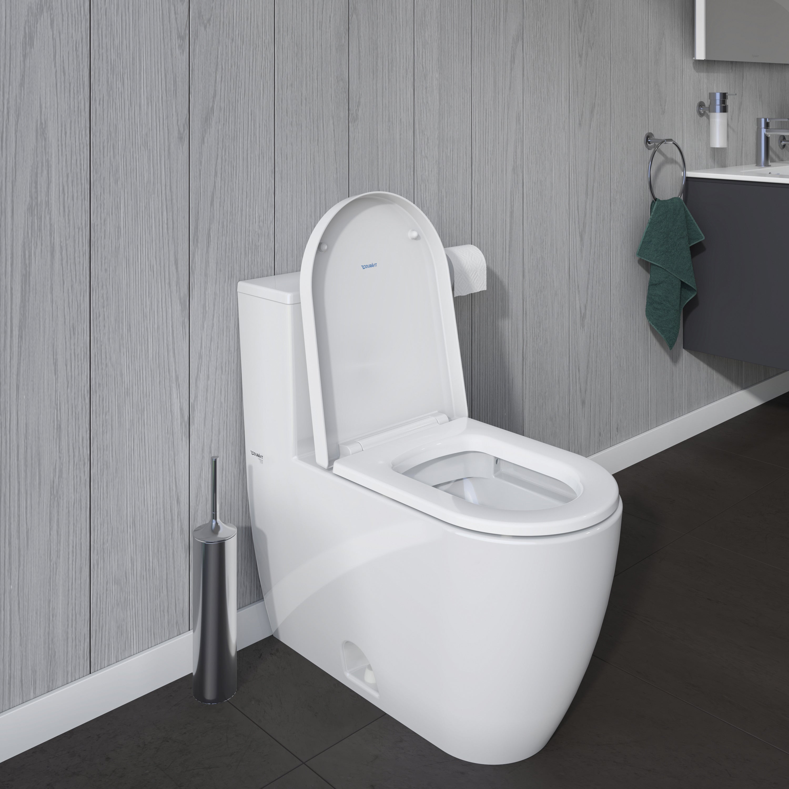 ME by Starck 1.28 GPF Single Flush Rimless Elongated One Piece Toilet in White, Top Push Button Flush - Seat Included