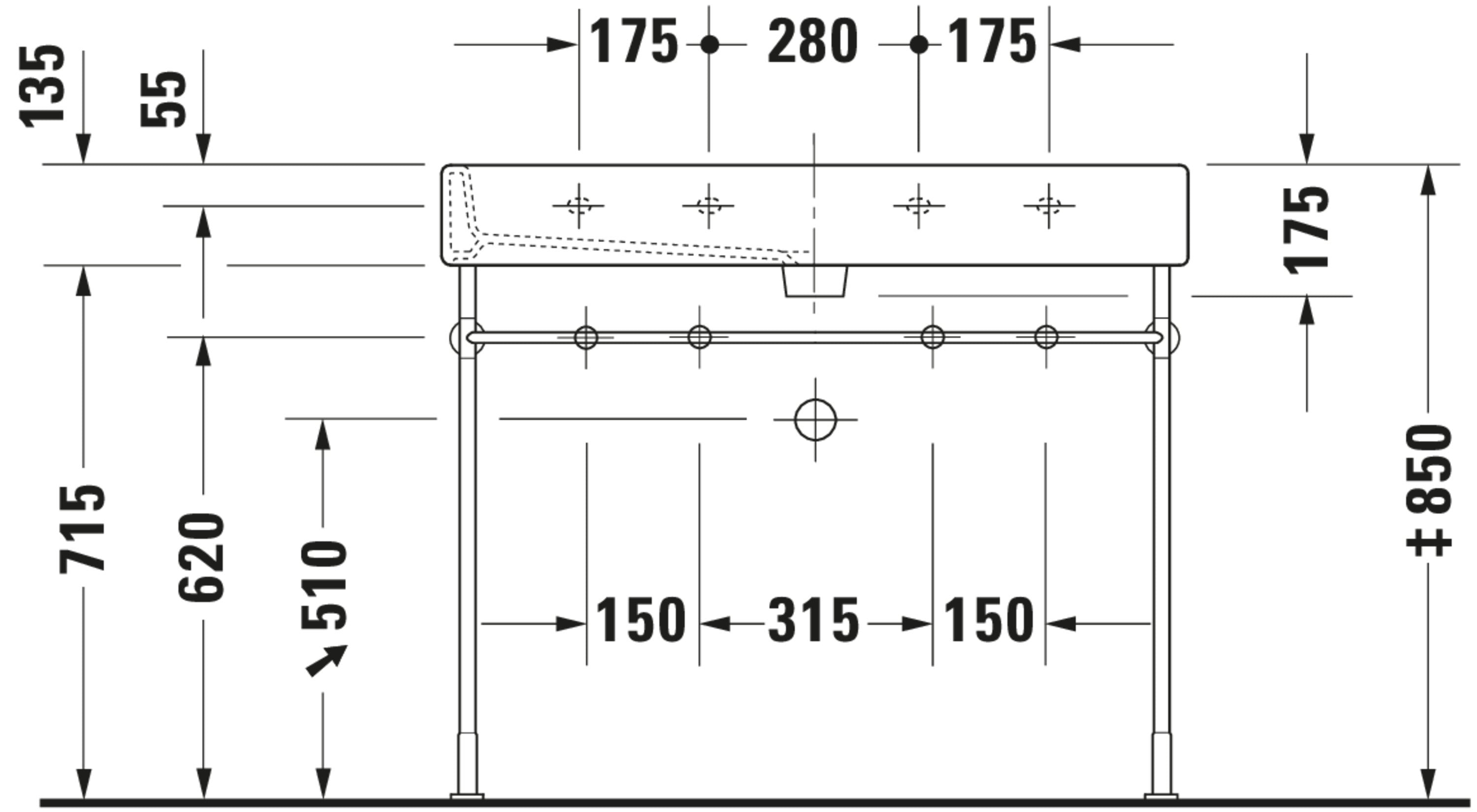 Vero 39 3/8" Rectangular Wall Mounted Sink in White with Two Sets of Single Faucet Holes and with Overflow