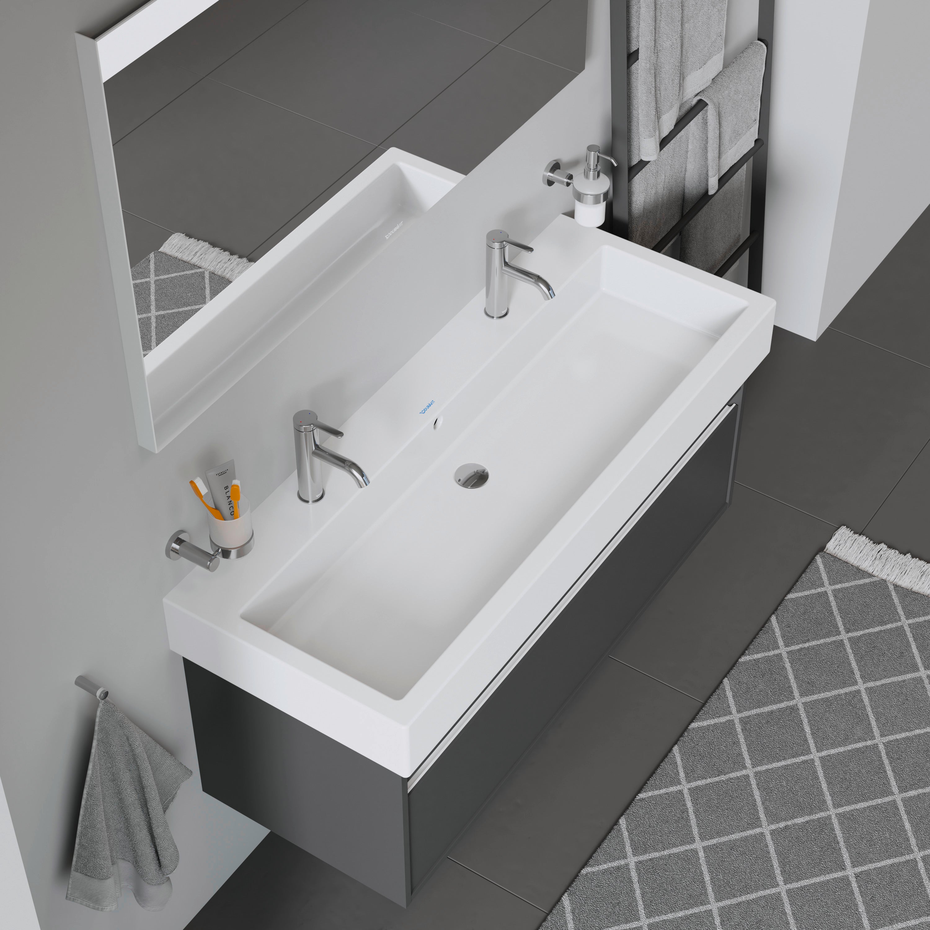 Vero 47 1/4" Rectangular Wall Mounted Sink in White with Two Sets of Single Faucet Holes and with Overflow