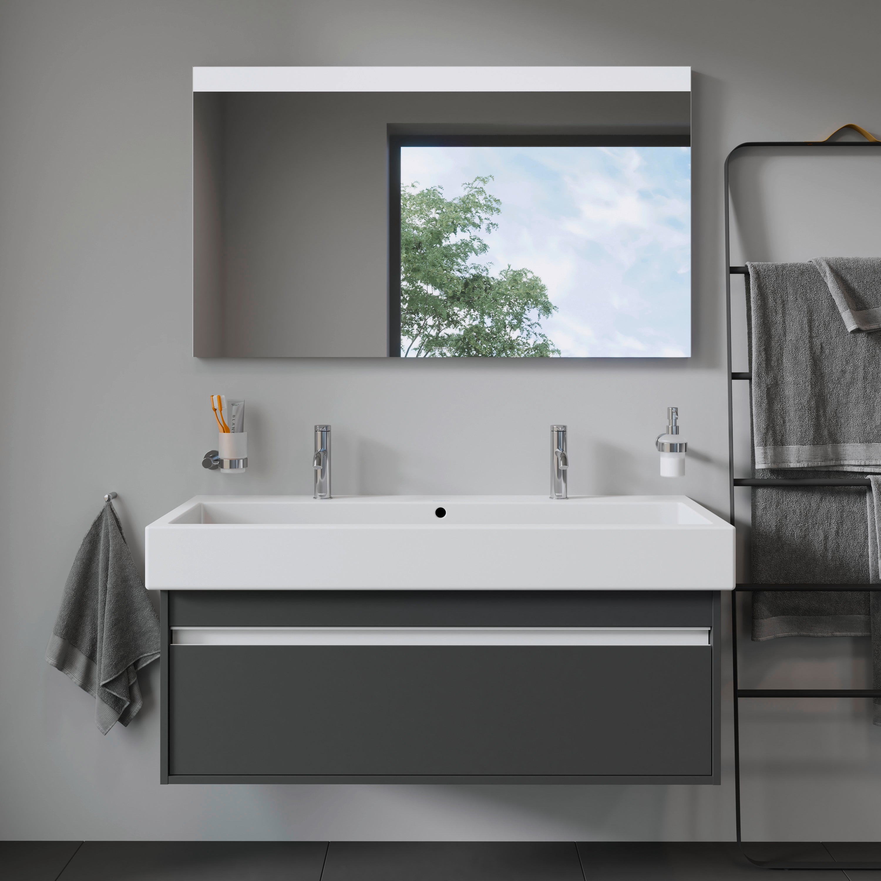 Vero 47 1/4" Rectangular Wall Mounted Sink in White with Two Sets of Single Faucet Holes and with Overflow