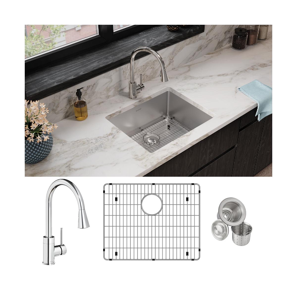 Elkay Crosstown 23" Undermount Stainless Steel Kitchen Sink with Faucet, Polished Satin, 18 Gauge, ECTRU21179TFCBC