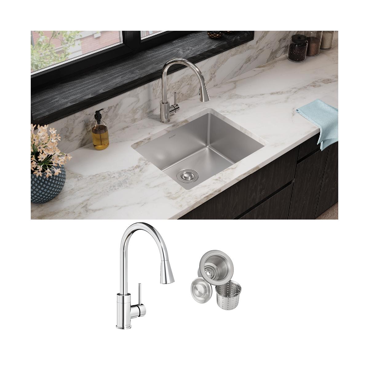 Elkay Crosstown 23" Undermount Stainless Steel Kitchen Sink with Faucet, Polished Satin, 18 Gauge, ECTRU21179TFCC