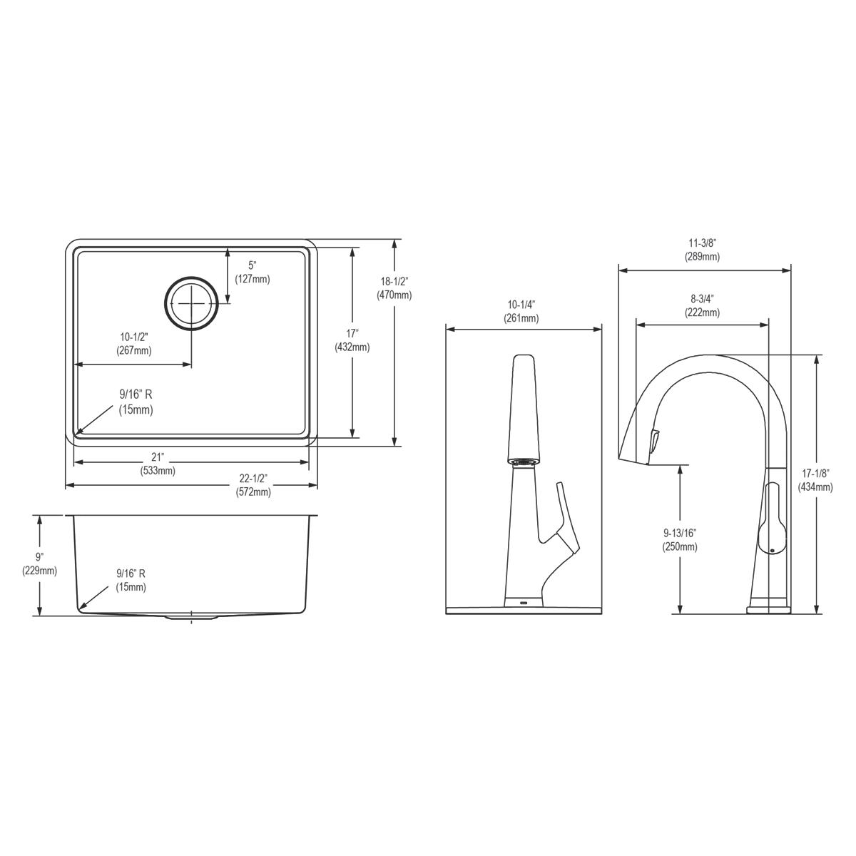 Elkay Crosstown 23" Undermount Stainless Steel Kitchen Sink Kit with Faucet, Single Bowl 18 Gauge, ECTRU21179TFLC