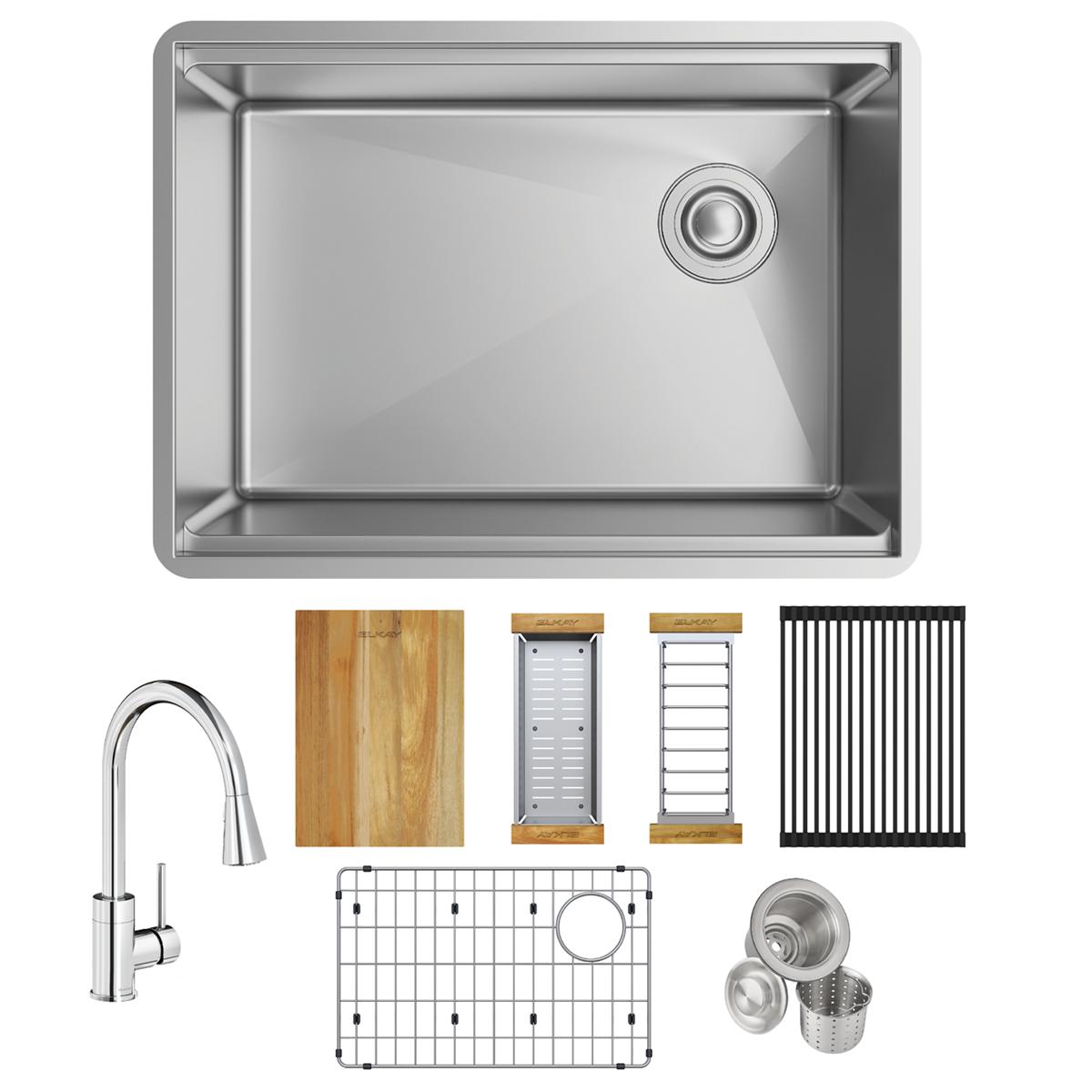 Elkay Crosstown 26" Undermount Stainless Steel Workstation Kitchen Sink with Faucet, Polished Satin, 18 Gauge, ECTRU24169RTFCW