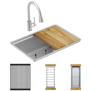 Alternate Image for Elkay Crosstown 26" Undermount Stainless Steel Workstation Kitchen Sink with Faucet, Polished Satin, 18 Gauge, ECTRU24169RTFCW