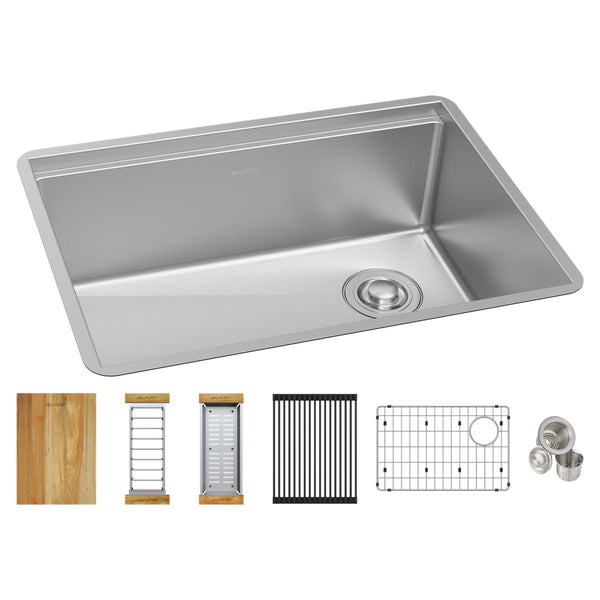 Elkay Crosstown 26" Undermount Stainless Steel Workstation Kitchen Sink Kit with Accessories, Polished Satin, 18 Gauge, ECTRU24169RTWC